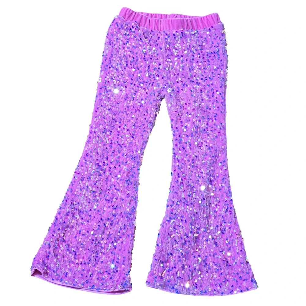 Girls Pink Sequin Velvet Set Ruffle Crop Top Flare Pants‎ Barbie Party Size 6Y